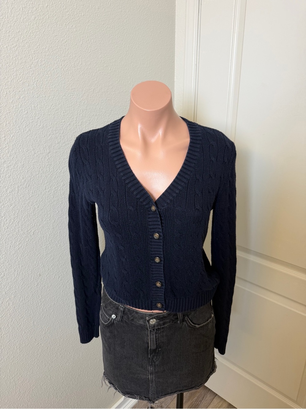 Brandy Melville Navy Cable Knit V-Neck Button Cardigan
